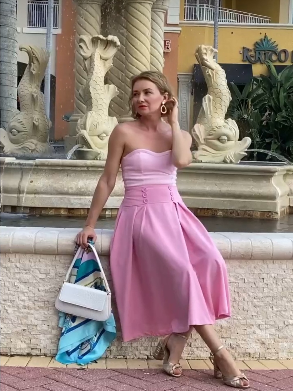 Belle Poque Pink High Waist Midi A-Line Skirt Pockets Size S